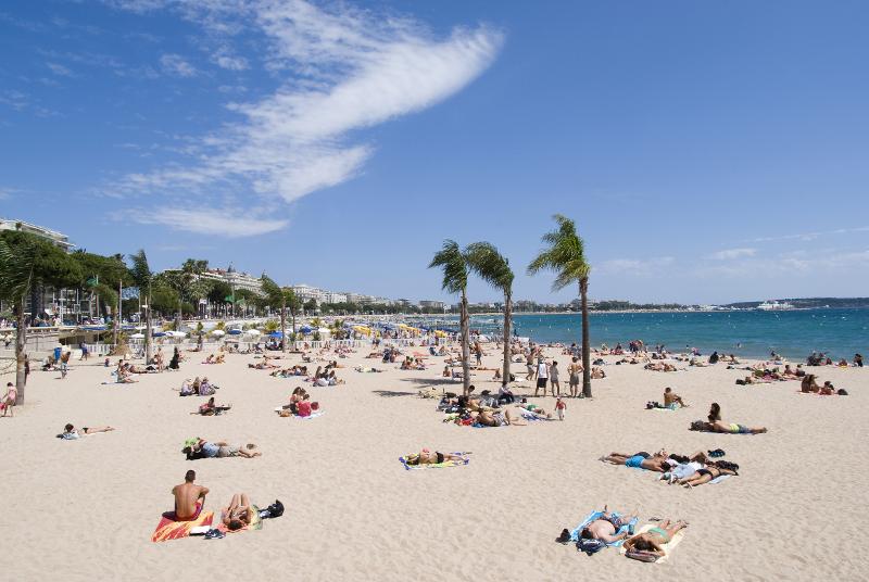 Strand mit Palmen und Menschen in Sprachferien Spanien.